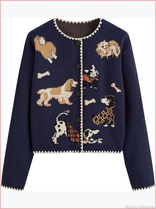 Sweaters - Crew Neck Button Down Knit Cardigan Sweater Dog Pattern Fall Winter Outfits
